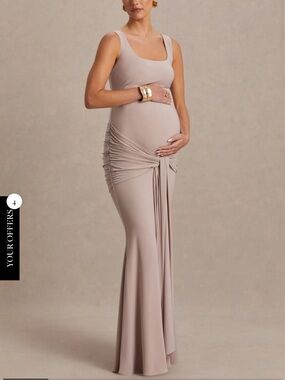 Club London- Baylin Maternity Scoop Neck Ruched Tie-Front Wedding Dress in Taupe